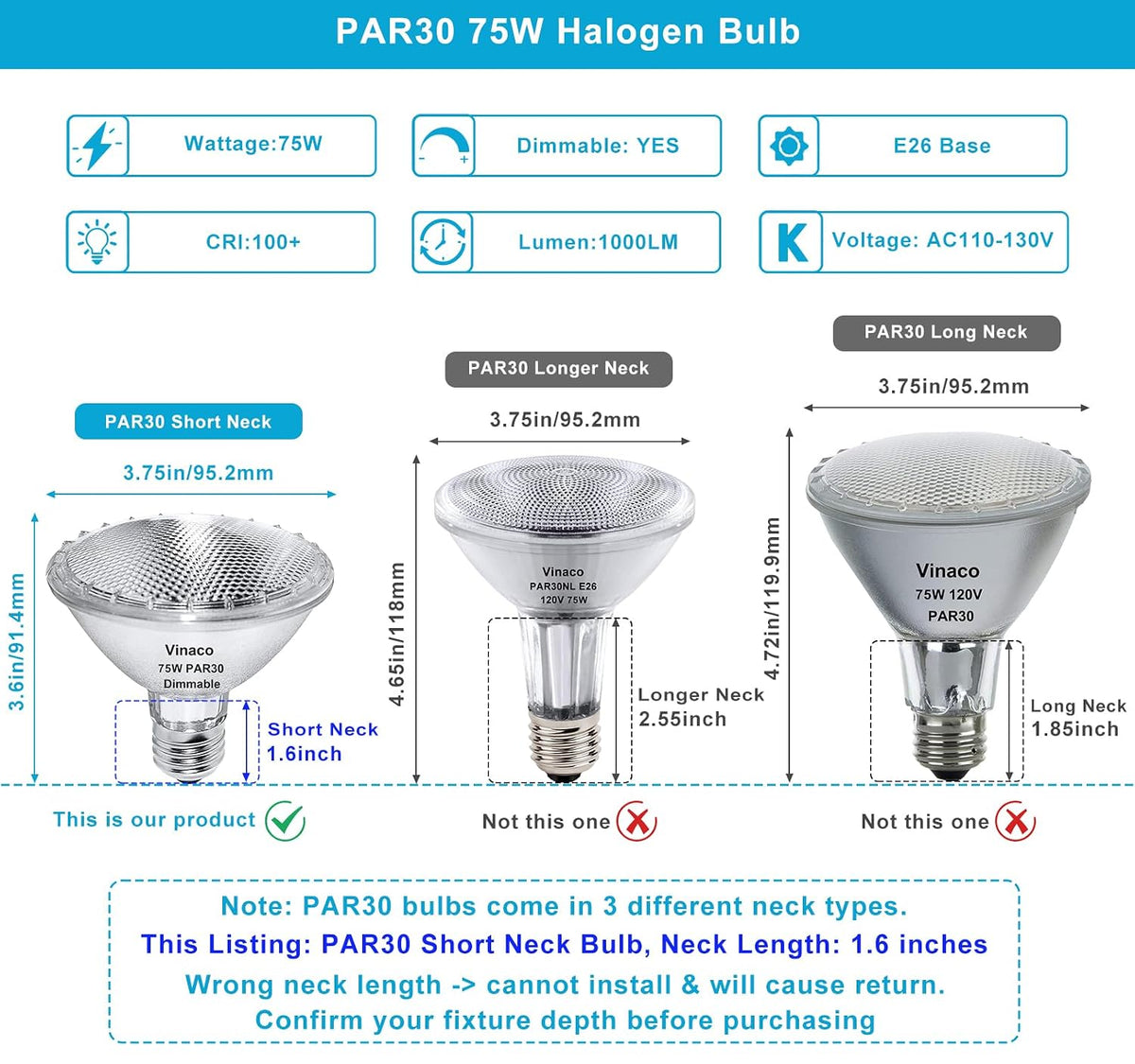 Par30 Short Neck Flood Light Bulb 75W 120V E26 Base 3000K Warm White