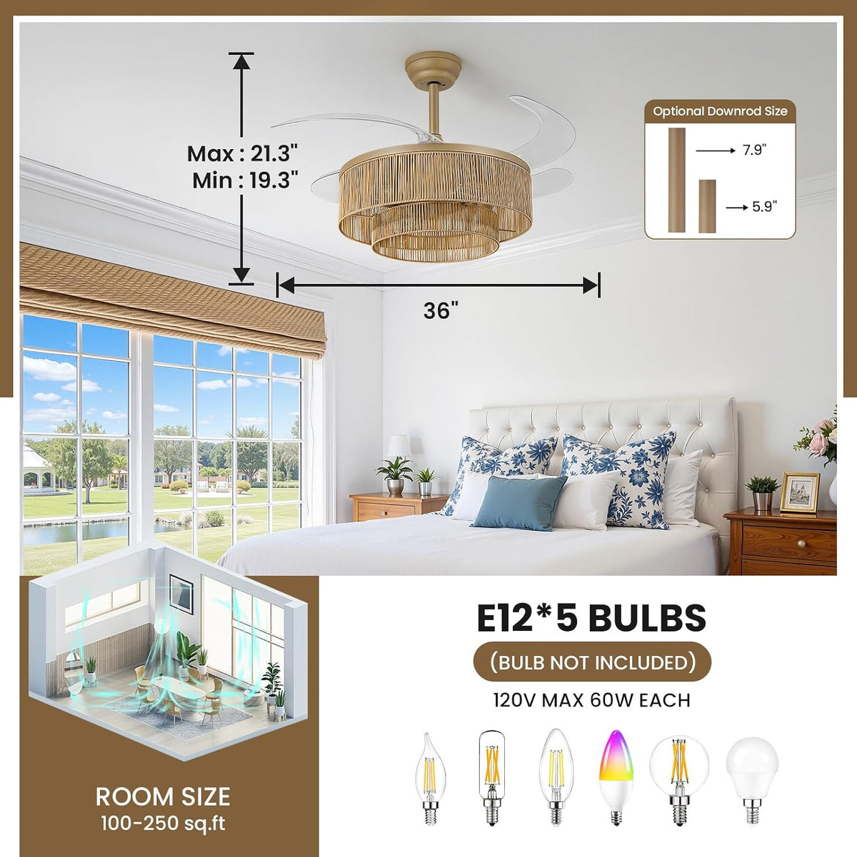 Retractable Ceiling Fans with Lights: 20 inch Low Profile Ceiling Fans with Remote Control, 4 Blades 6 Speeds DC