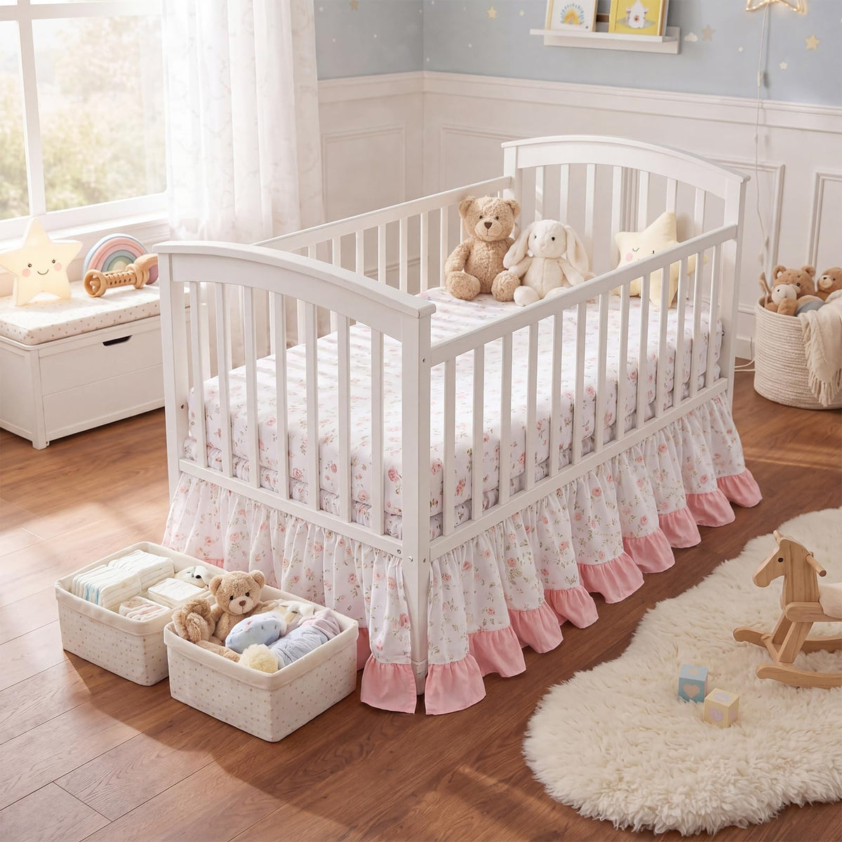 Pink Crib Skirt for Baby Girls Boys, 100% Washed Cotton Bed Skirt