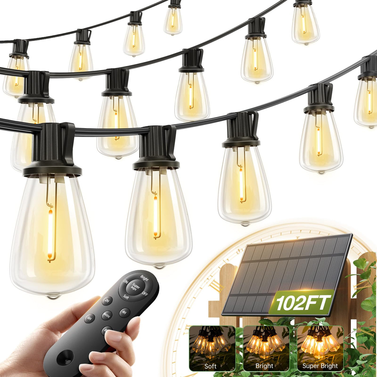(96+6) Solar String Lights Outdoor, Waterproof Dimmable 48+4 LED