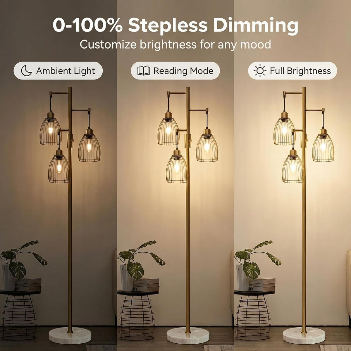 Dimmable Floor Lamps, Industrial Standing Lamp with Marble Base, Antique Brass Tree Tall Pole Light with 3 Elegant