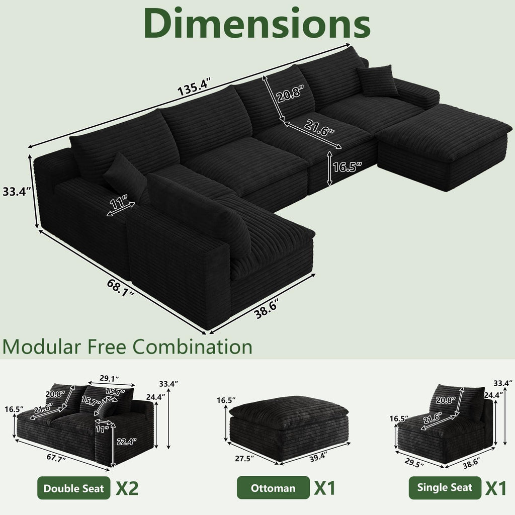 136" Cloud Couch Modular Sectional Sofa, U-Shape Boneless Couch with Deep Seat, Modern Corduroy 5-Seater with