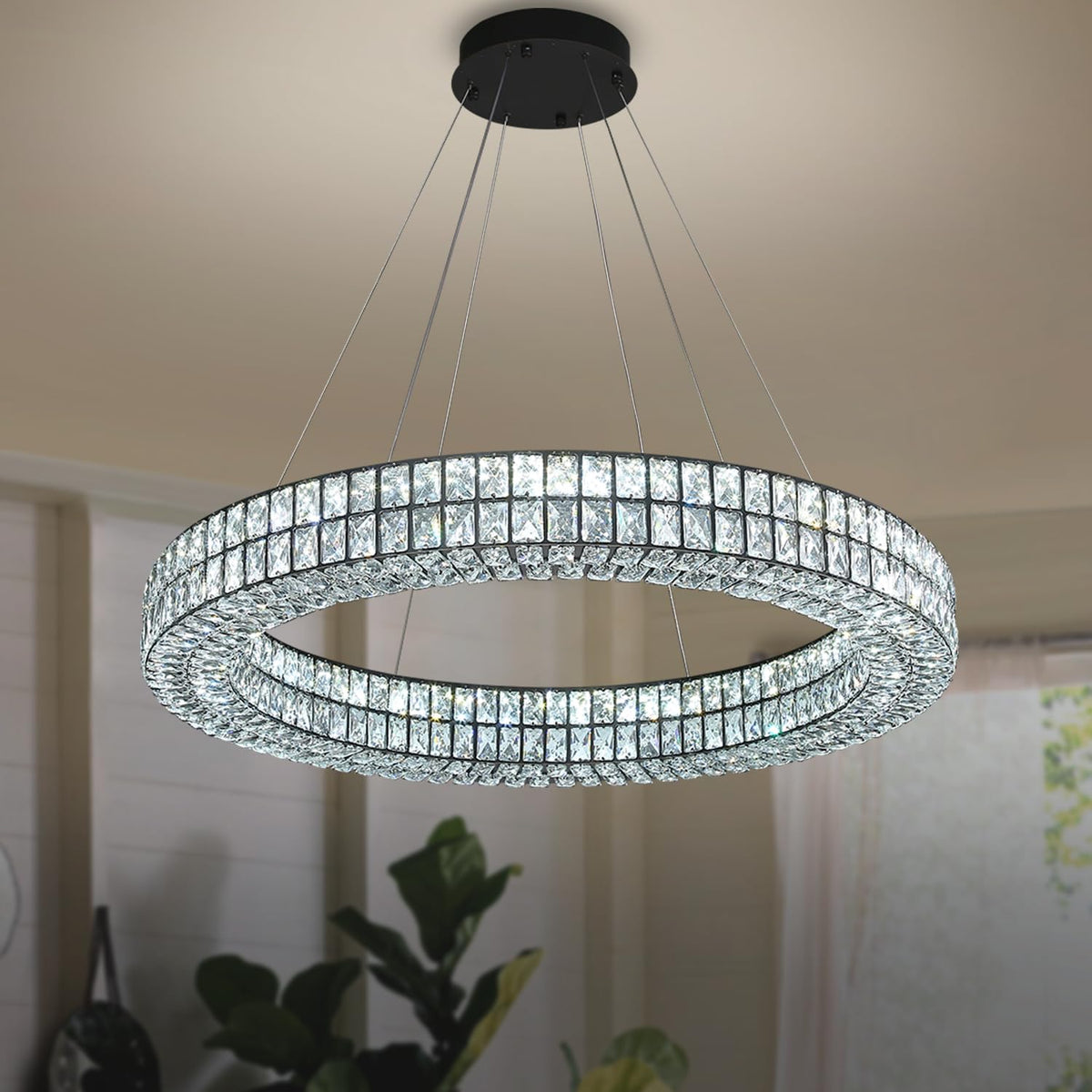 47.5-Inch Large Black Round Crystal Ring Chandelier for Foyers