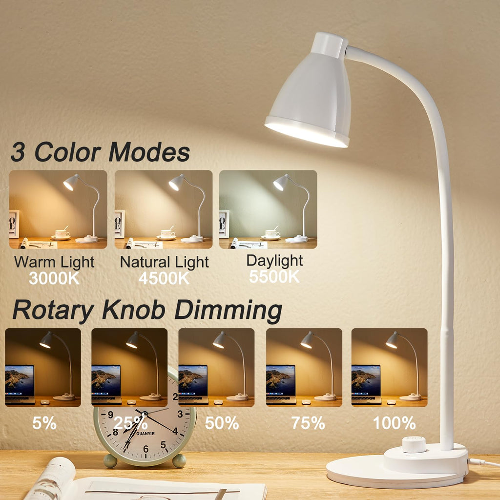 LED Desk Lamp with USB Charging Port, 3 Color Modes Dimmable, White