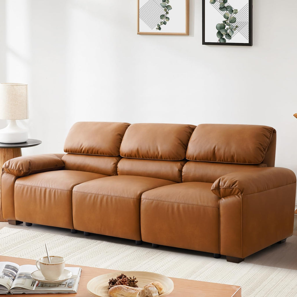 95" Faux Leather Couch, Mid Century Modern 3 Seater Sofa Couch, Brown