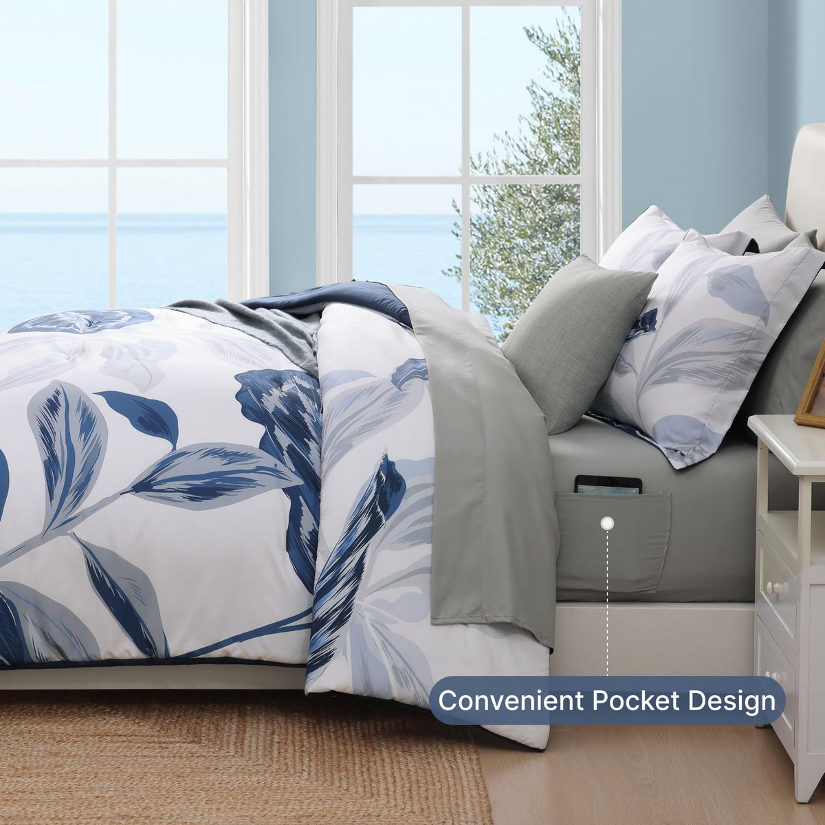 Comforter Set- 7 Pieces Blue Tropical Leaves Soft Bedding Sets, Coastal Bed in a Bag, Botanical Printed