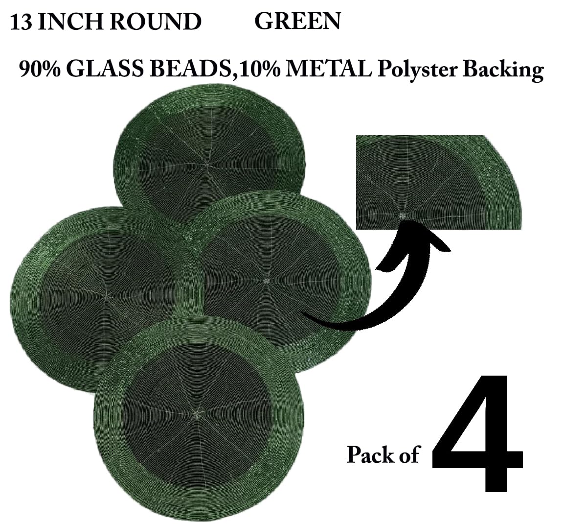 Beaded Round placemats Set of 4, 13 Inch Charger Green Tonal