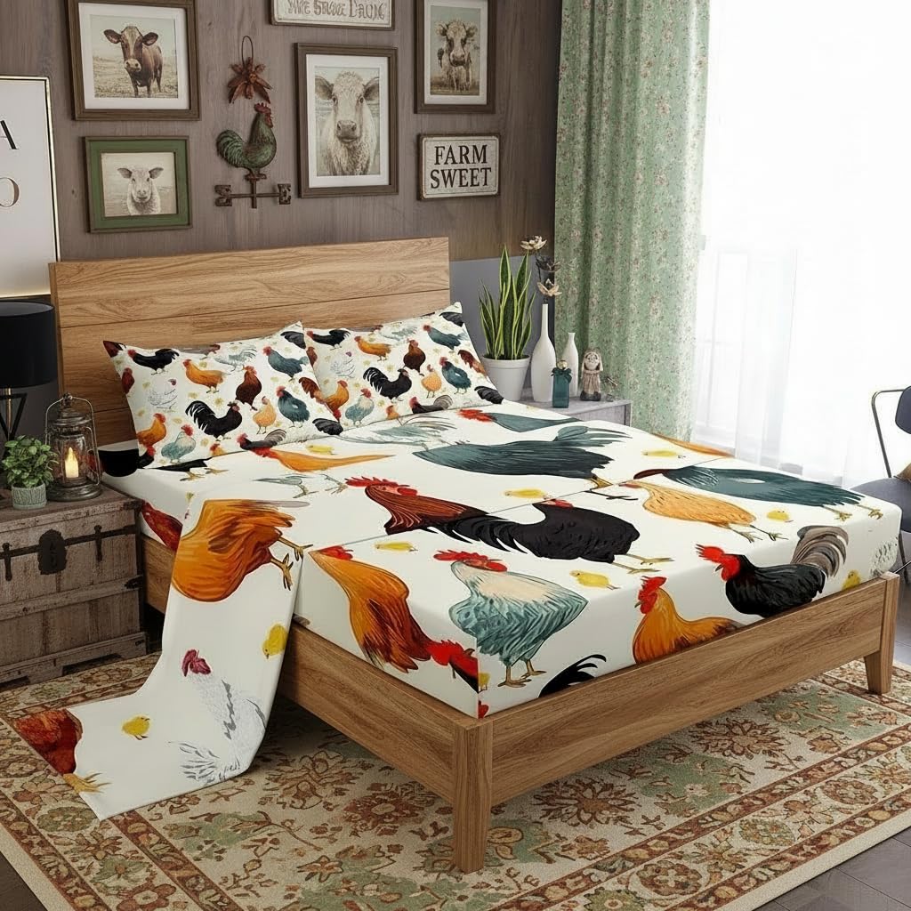 Farmhouse Style Bed Sheet Set 4 Piece, Cute Chickens Livestock Sheets Bed Set, Rustic Animal Theme Bedding