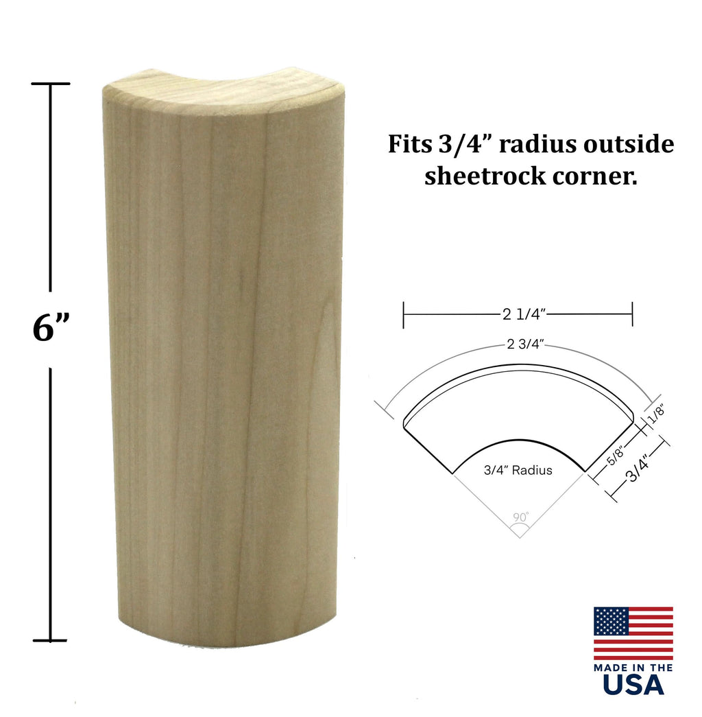 Poplar Outside Corner Base Block, Bullnose, Trim Molding, 3/4" x 6" (3)