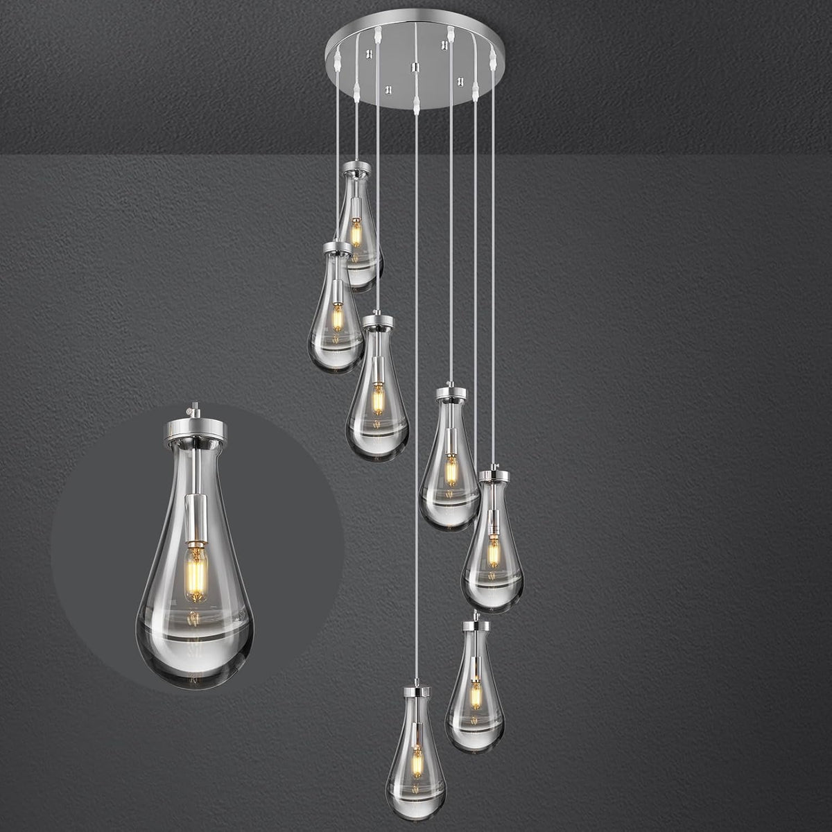 Raindrop Pendant Lights Kitchen Island Teardrop Chrome Hanging Light Fixtures Clear Solid Glass Pendant Light Modern Chandeliers for Dining Room Porch Corridor Living Room (7-Light)