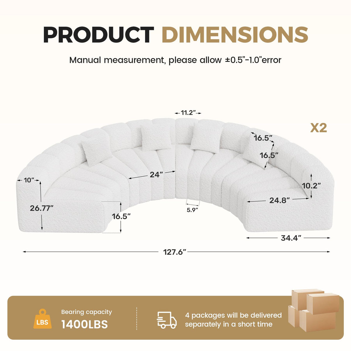 Oversized Curved Sofa, 8 Seater Modular Velvet Cloud Couch, Modern Boneless Sectional Couches, No Assembly Required
