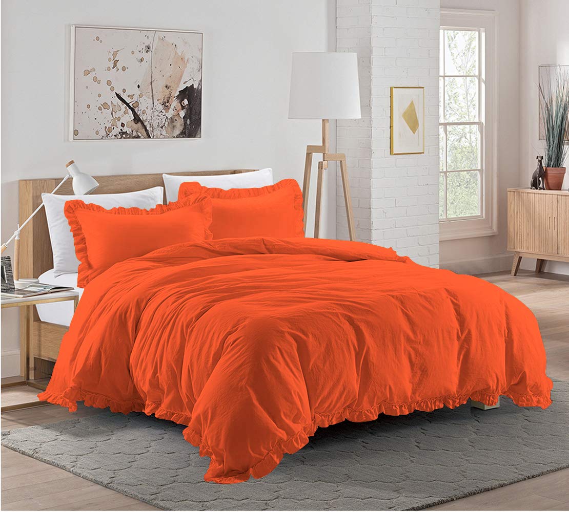 3 Pieces Ruffle Duvet Cover Set with Zipper Closure, 100% Egyptian Cotton 1000 Thread Count (Super King, Orange)