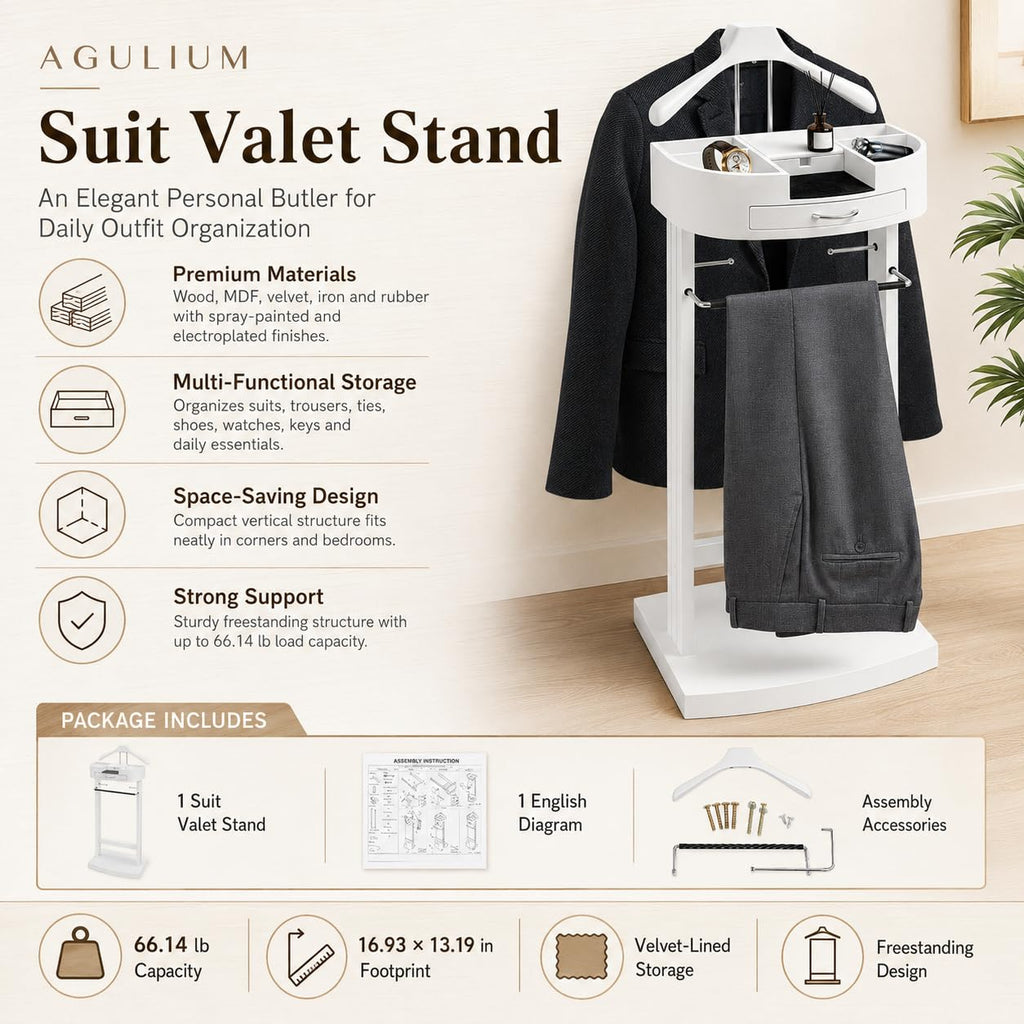 Suit Valet Stand, Standing Wooden Clothes Stand, Clothes Organizer Hanger Rack for Suit Coat Jacket Shirt Bedroom