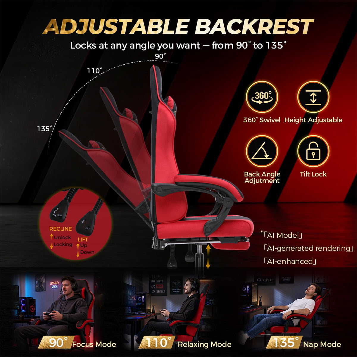 Video Gaming Chair Fabric, Ergonomic Computer Chair with Footrest and Pocket Spring Cushion, Height Adjustable Video