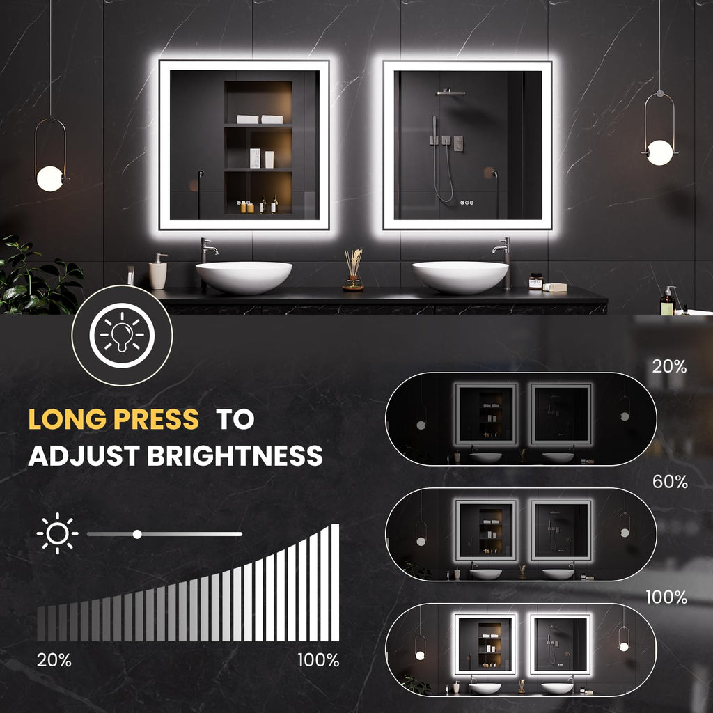 36"X36" LED Bathroom Mirror Black Framed