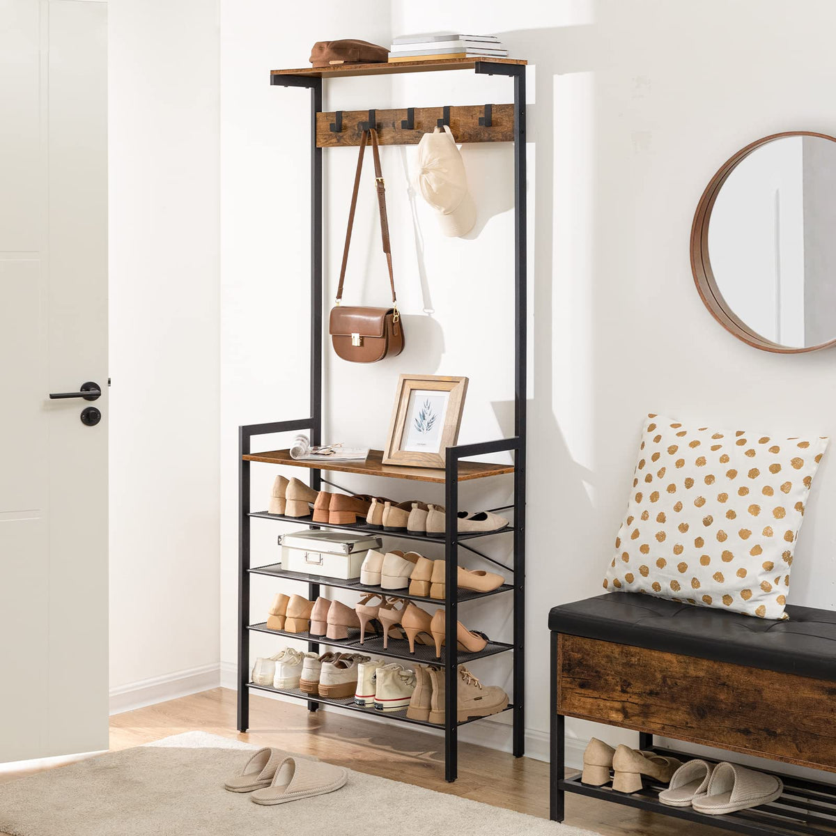 Hall Tree with Bench, Coat Rack with Shoe Storage, Shoe and Coat Rack, 5-Tier Entryway Shoe Storage, 5 Hooks, for