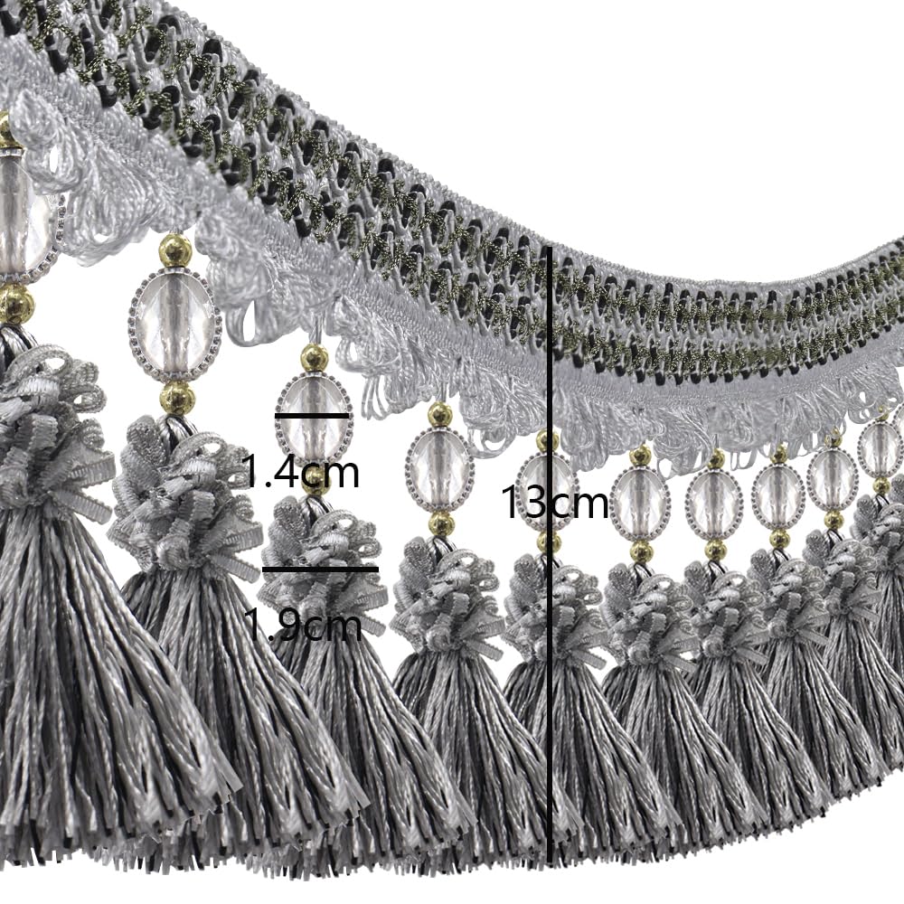 Pom Pom Curtain Fringe Trim Beads Ball Tassel Trimming Sewing Ribbon Upholstery Fabric (Gray) - 3yards