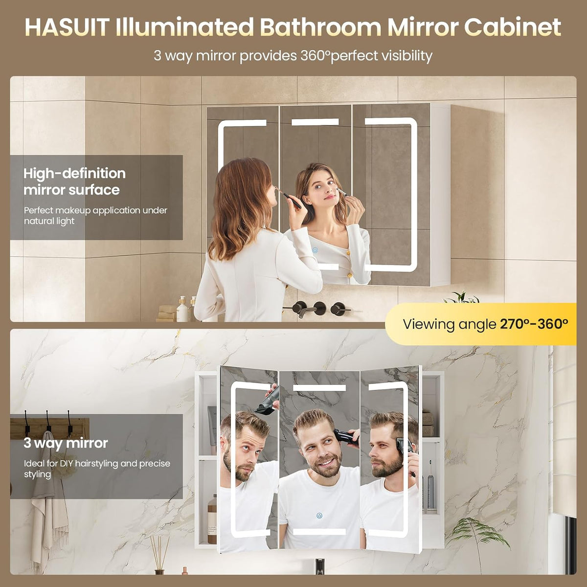 Medicine Cabinet Organizer with Mirror, Lighted Bathroom Medicine Cabinet with Storage, 3 Doors Bathroom Wall Cabinet