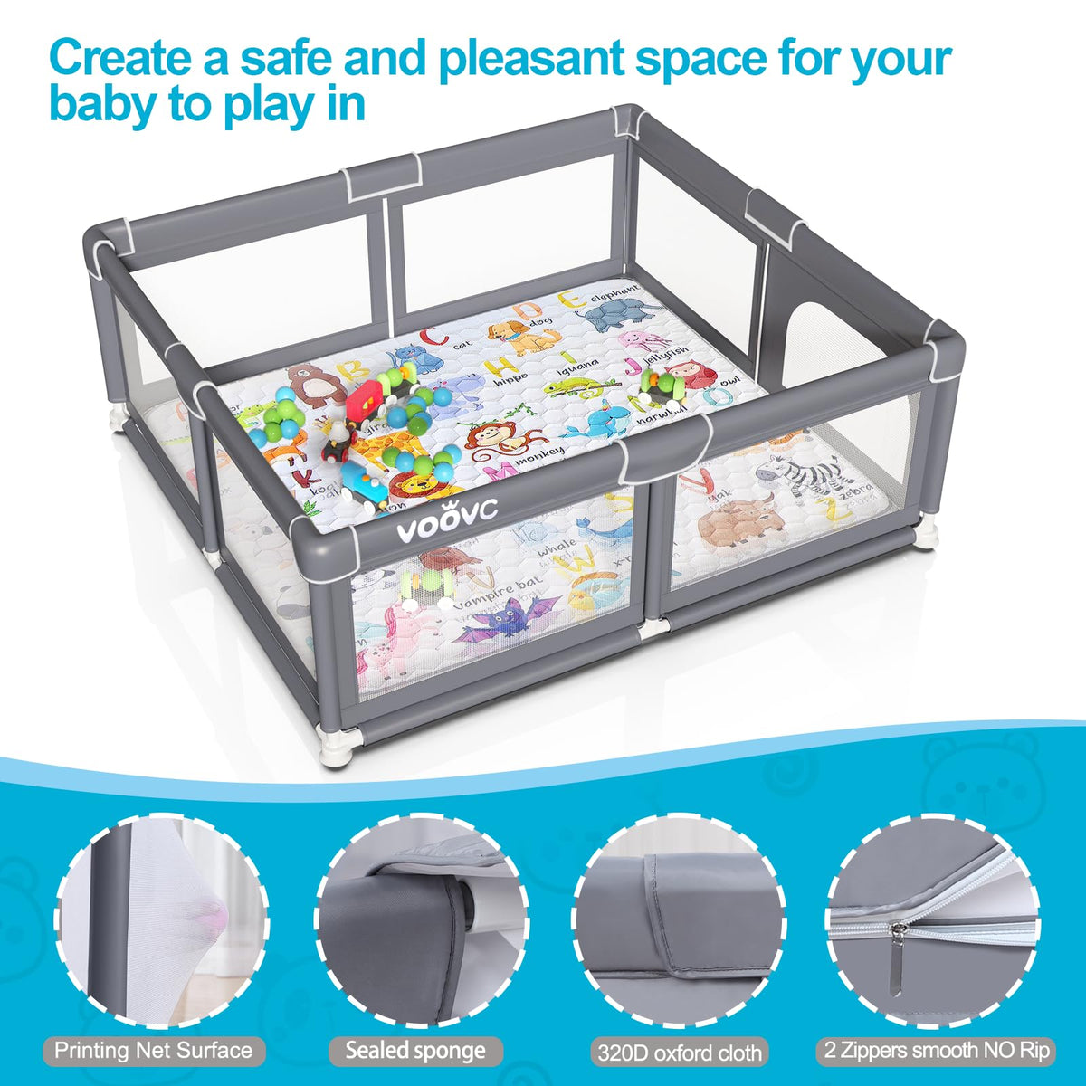 Baby Playpen with Mat Safety Gate for Toddlers Large 71x60in Gray