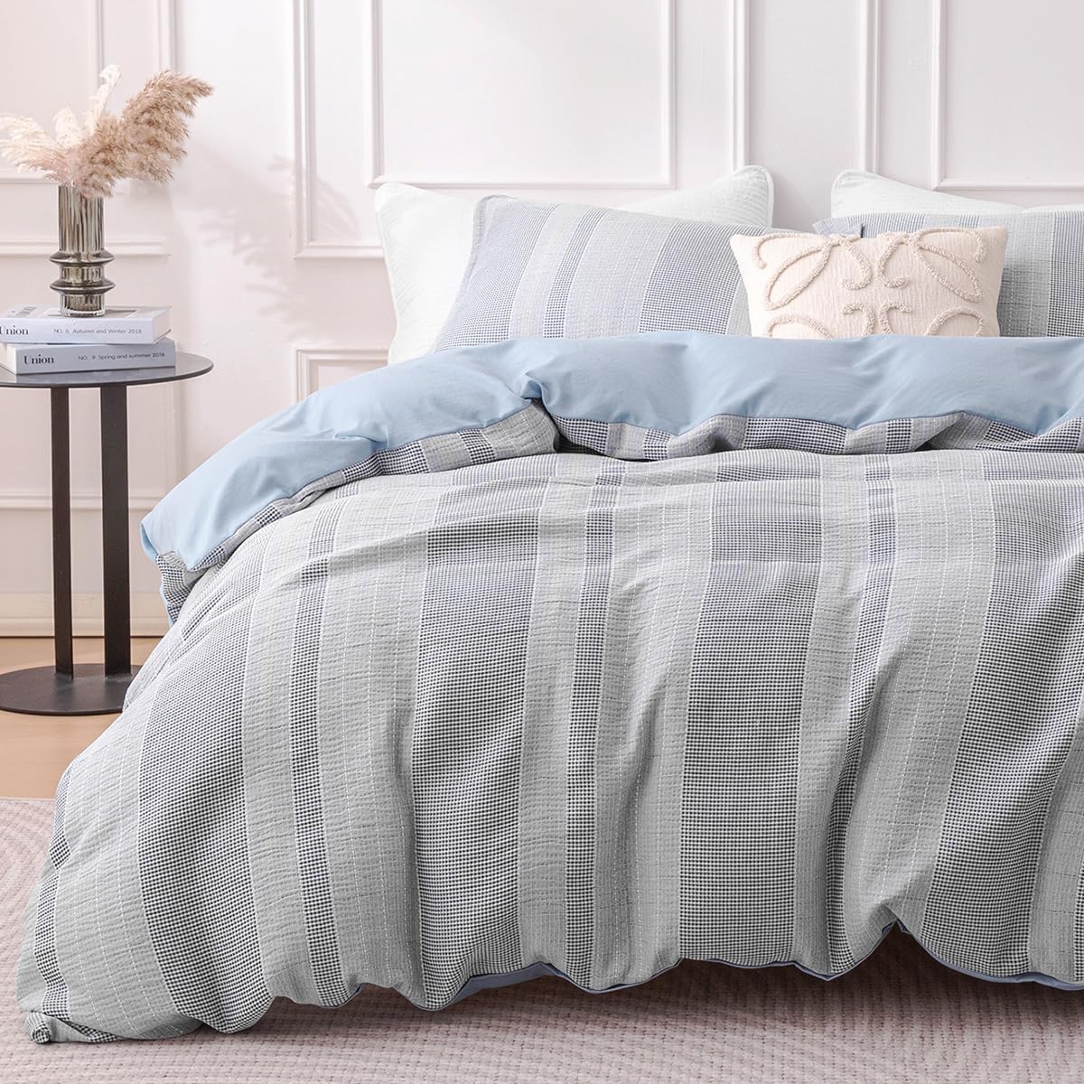 Duvet Cover Set, Luxury Jacquard Waffle Vertical Stripe Soft and Breathable 3 Pcs Comfy Bedding Set Duvet Cover