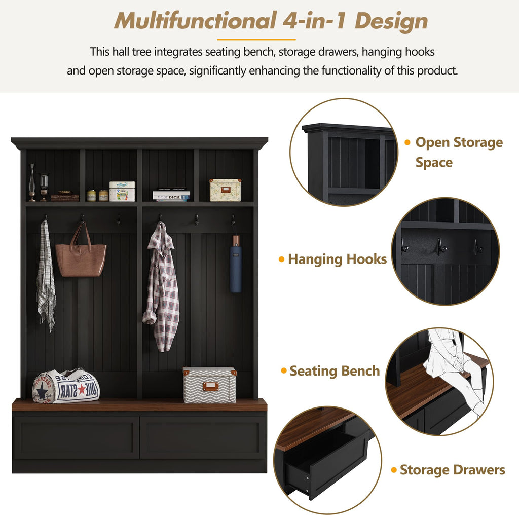 Farmhouse Wood Hall Tree with Bench and Storage Drawers, 4-in-1 Coat Rack with 6 Hooks for Entrance, Hallway Black
