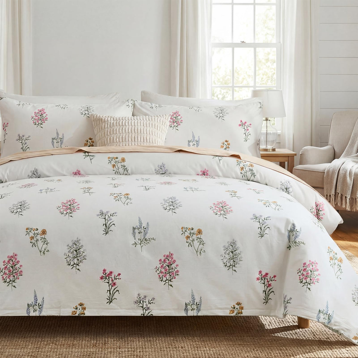 100% Washed Cotton Duvet Cover - Linen Like Reversible Durable Soft Floral Duvet Cover Sets, 3 Pieces White