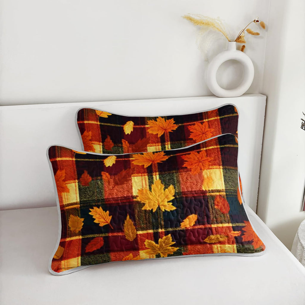 Fall Plaid Bed Cover 3 Piece, Includes 1 Quilt and 2 Pillow Shams, Scarlet Maple Motifs Dark Tartan Squares Warm