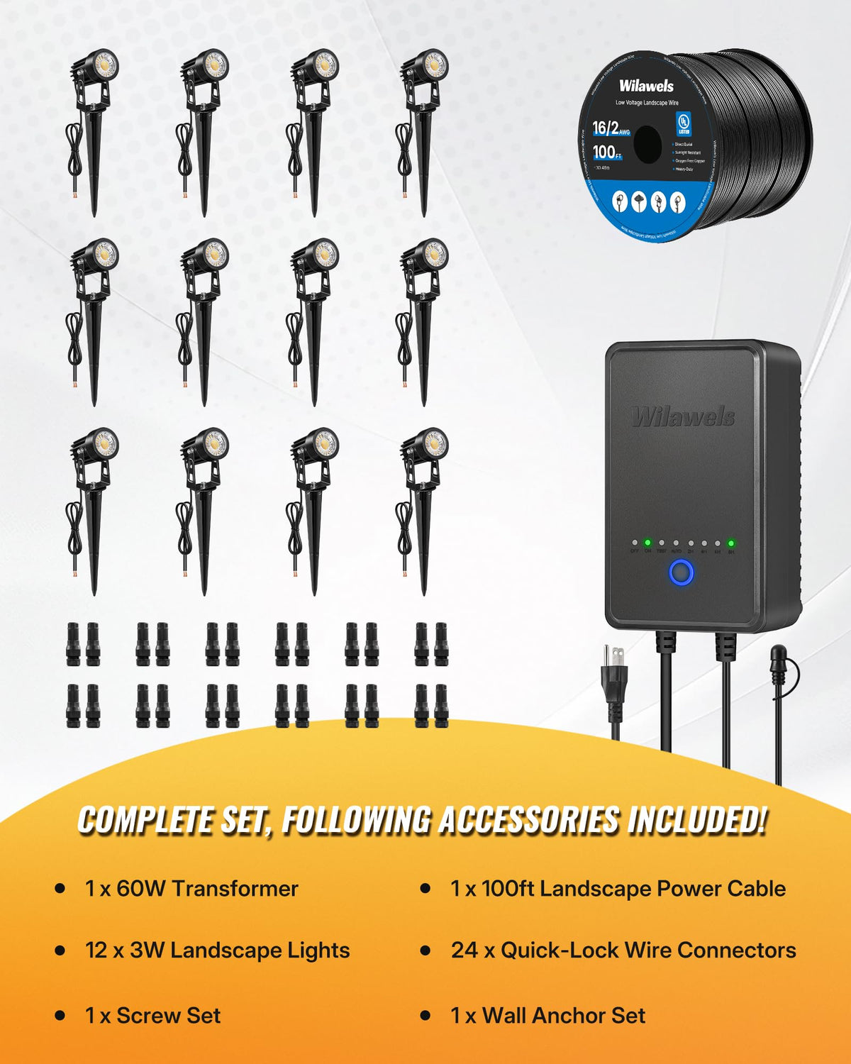 All-in-One LED Low Voltage Landscape Lighting Kit, 12-Pack Landscape Lights with Transformer, 100FT Wire