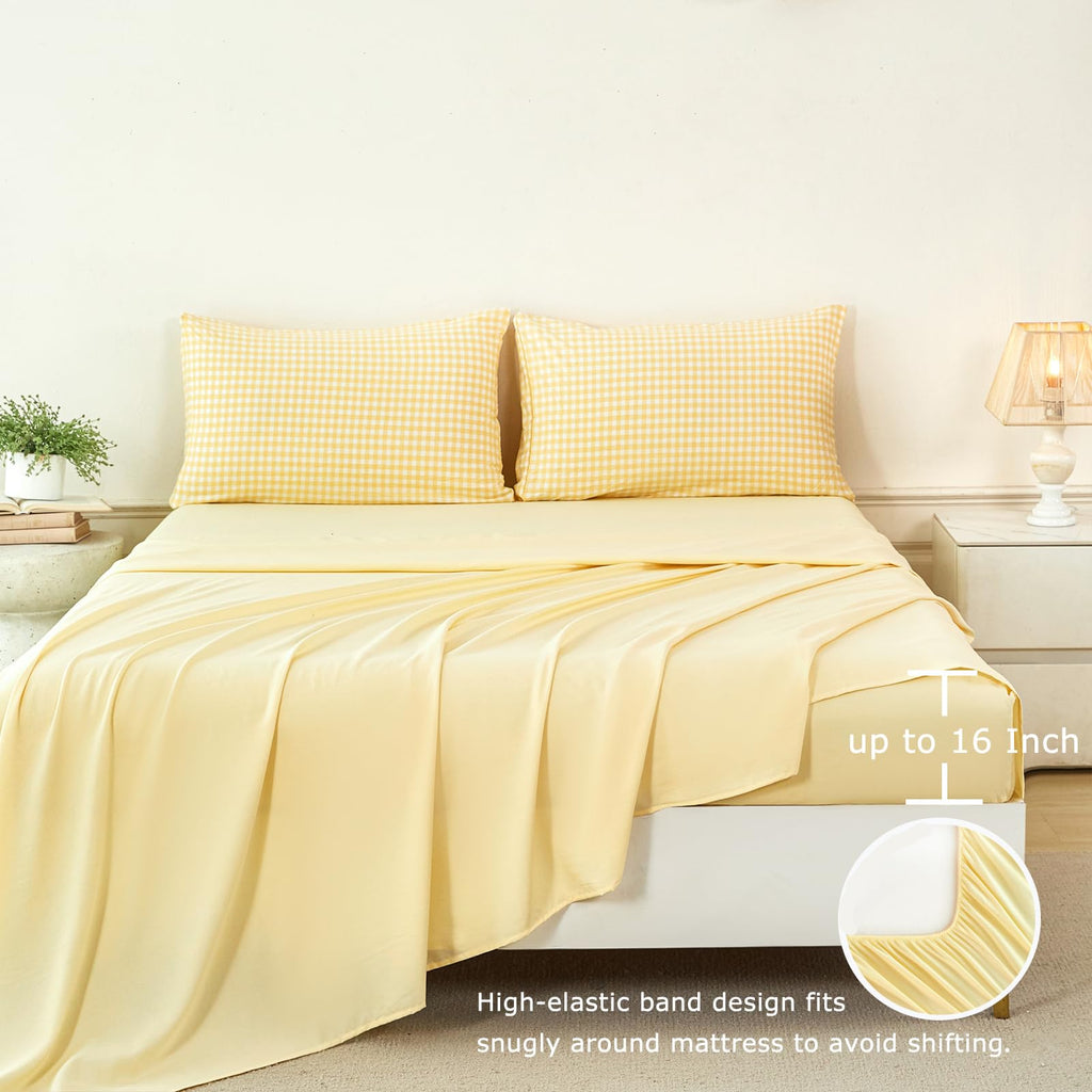 Gingham Bedding Sets 5Pcs Yellow Soft Plaid Bed in a Bag