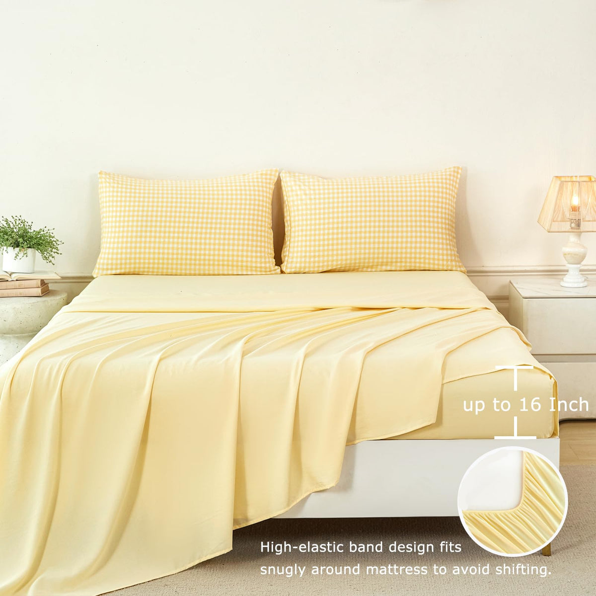 Gingham Bedding Sets 5Pcs Yellow Soft Plaid Bed in a Bag