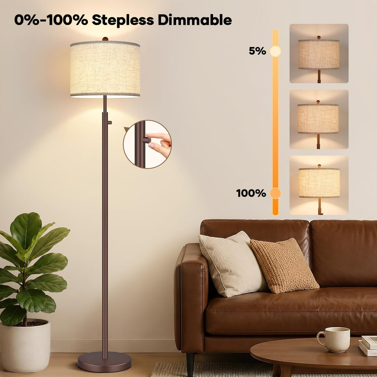 Upgraded】 Dimmable Floor Lamp, 11W LED Bulb Included, Modern Standing Lamp, Tall Pole Light with Linen Shade Reading