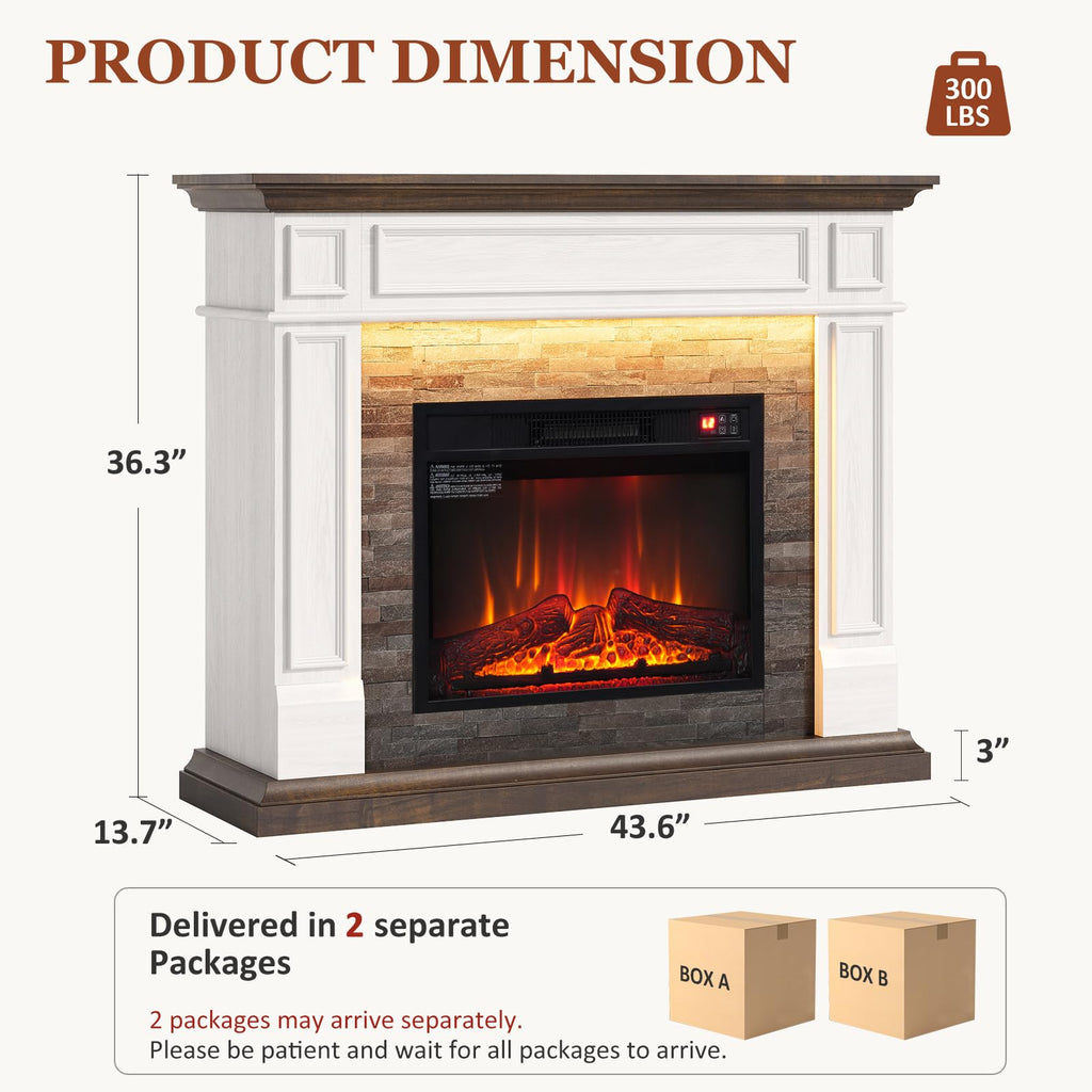44 Inch Electric Fireplace Mantel with LED, White & Brown
