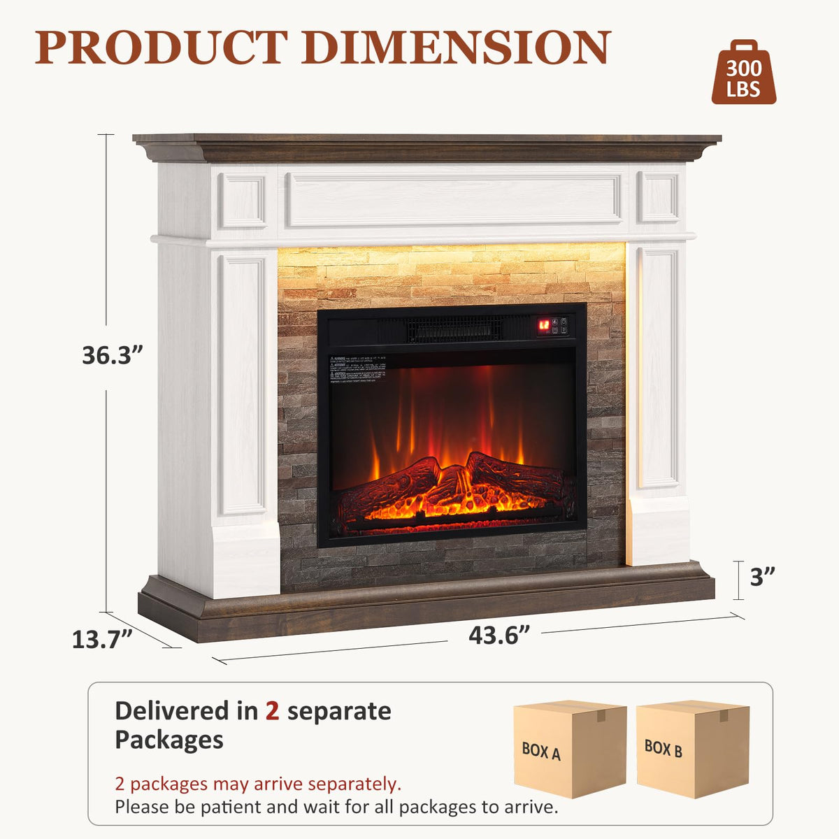 44 Inch Electric Fireplace Mantel with LED, White & Brown