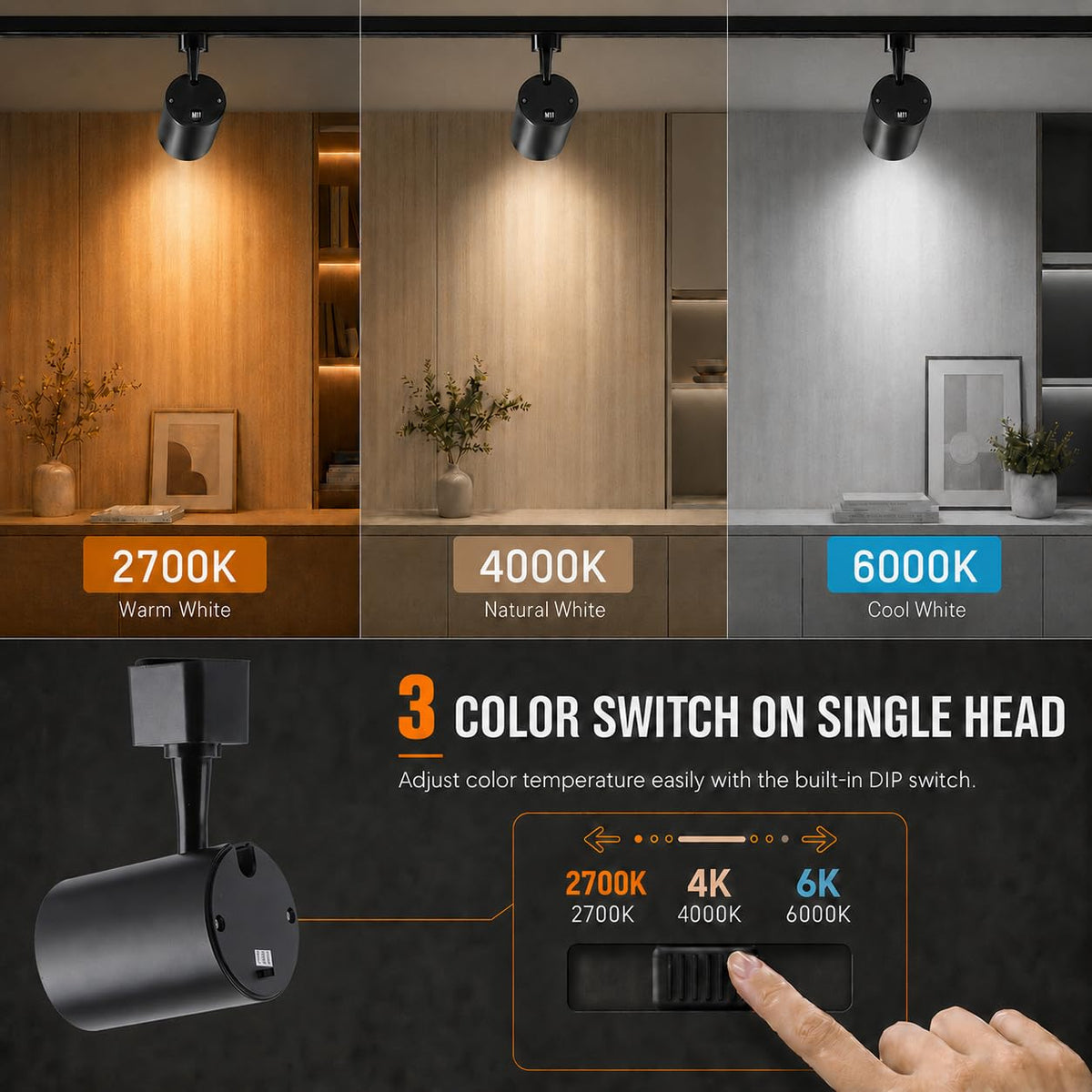 6 Pack Black H Type LED Track Lighting Heads, 10W 800LM Dimmable Ceiling Spotlights, 3CCT 3000K/4000K/5500K, CRI 90+