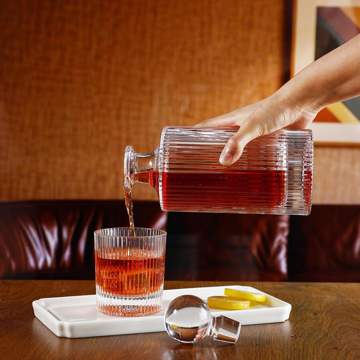 Whiskey Decanter Set with 4 Old Fashioned Whiskey Glasses, 27oz Liquor Decanter & 10oz Bourbon Glasses, Vintage - Set of 5
