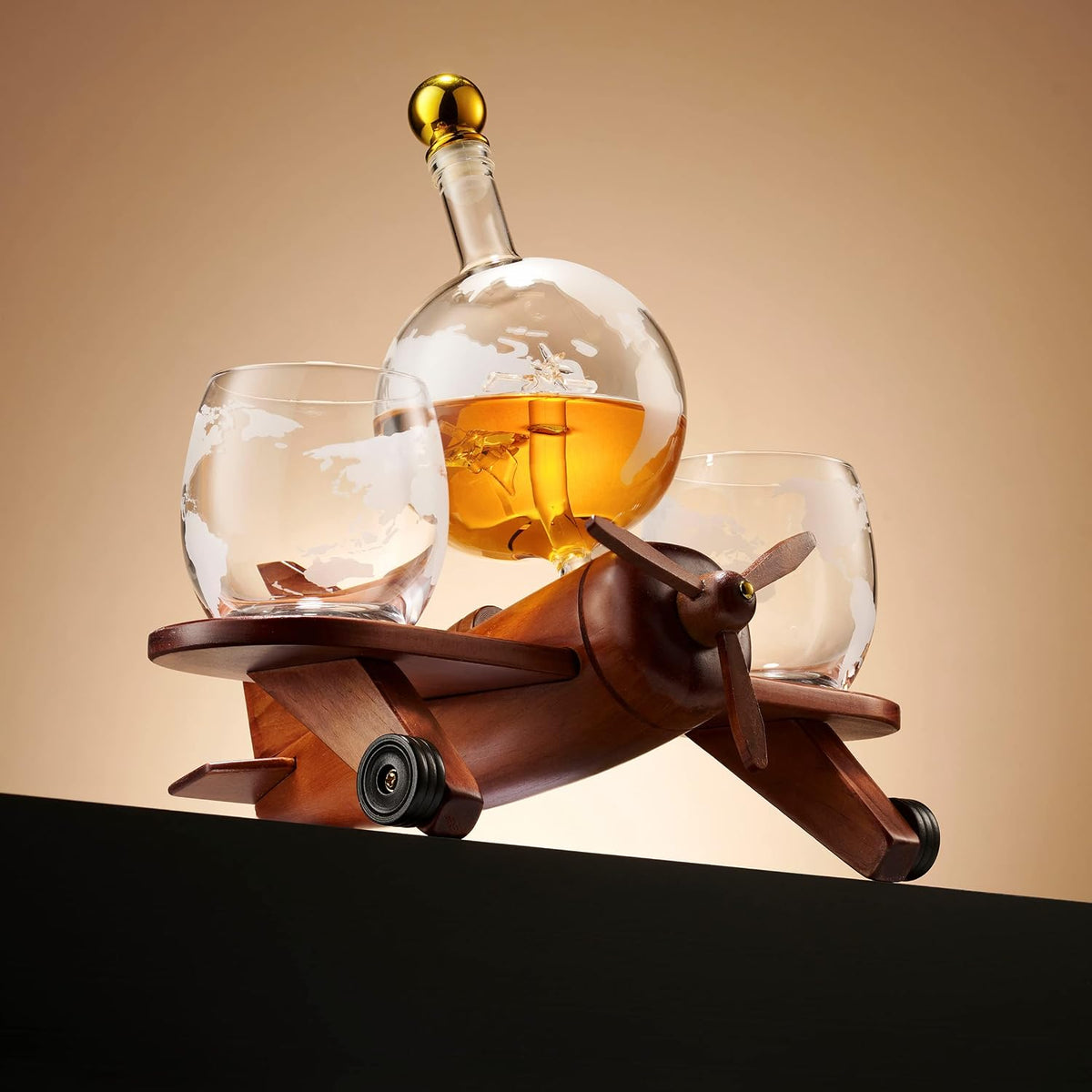 Whiskey Decanter Airplane Globe Set with 2 World Whiskey Glasses - for Liquor Scotch Bourbon Vodka - Set of 3