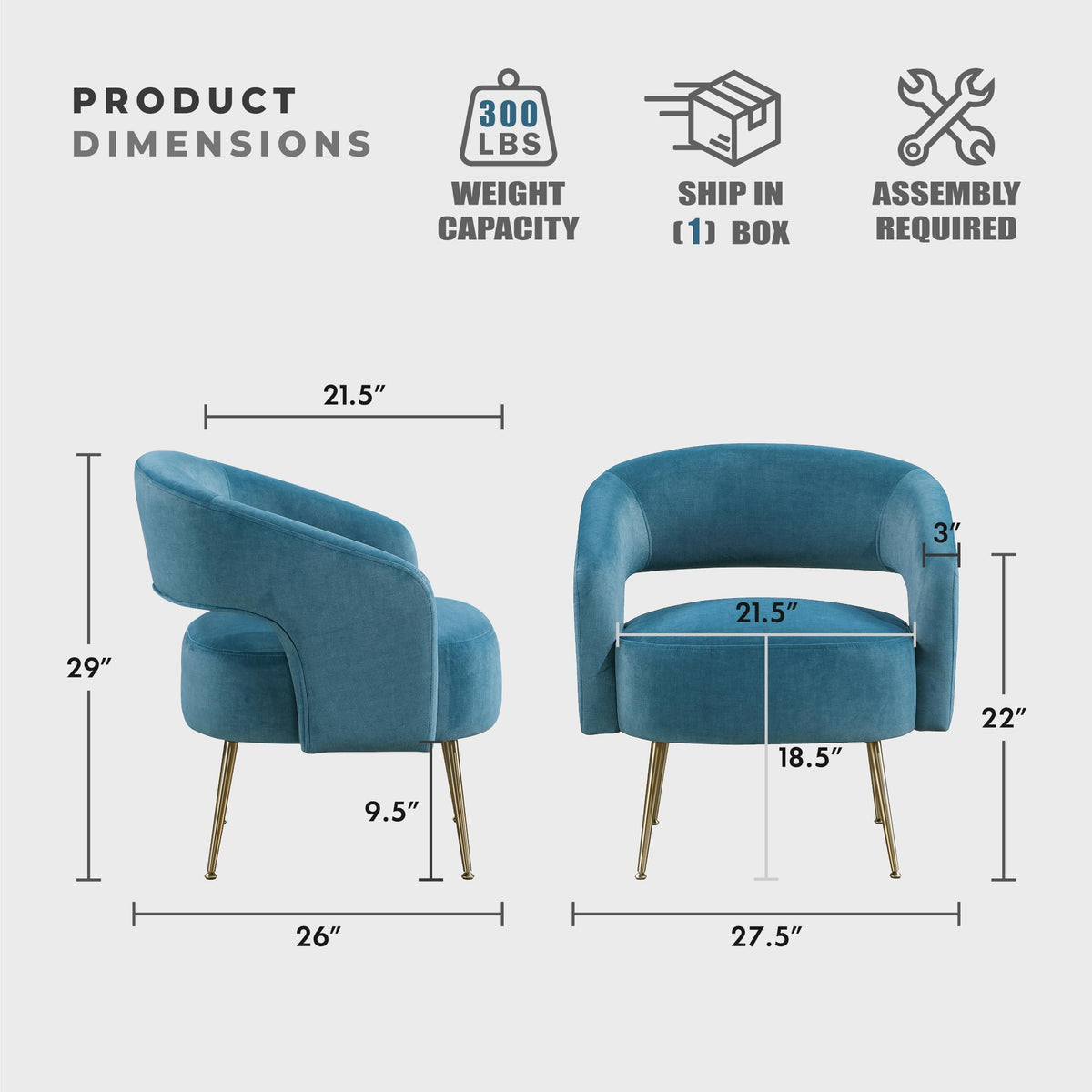 Mid-Century Modern Velvet Accent Chair with Open Back, Dark Teal