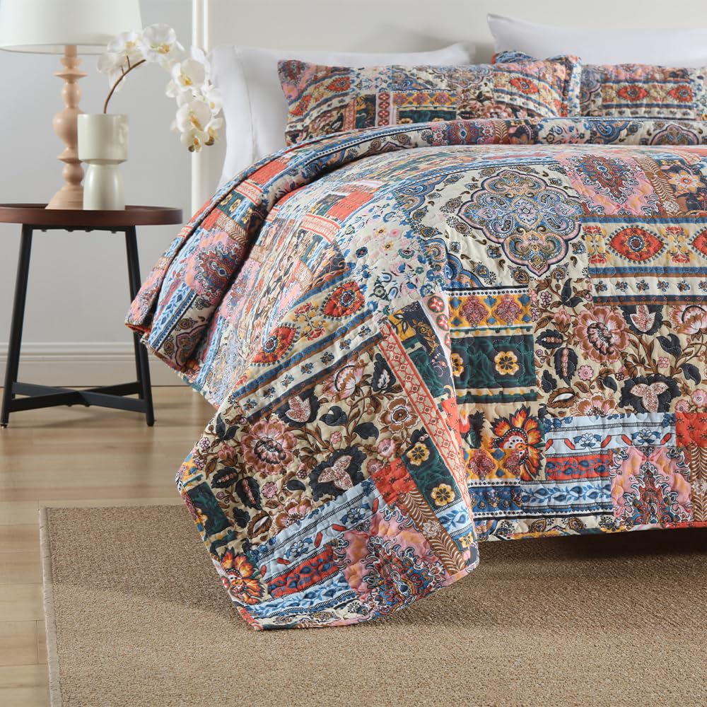 Cotton Bedspread Bohemain Quilt Sets, Reversible Coverlet Lightweight Comforters with 2 Shams, Vintage Farmhouse