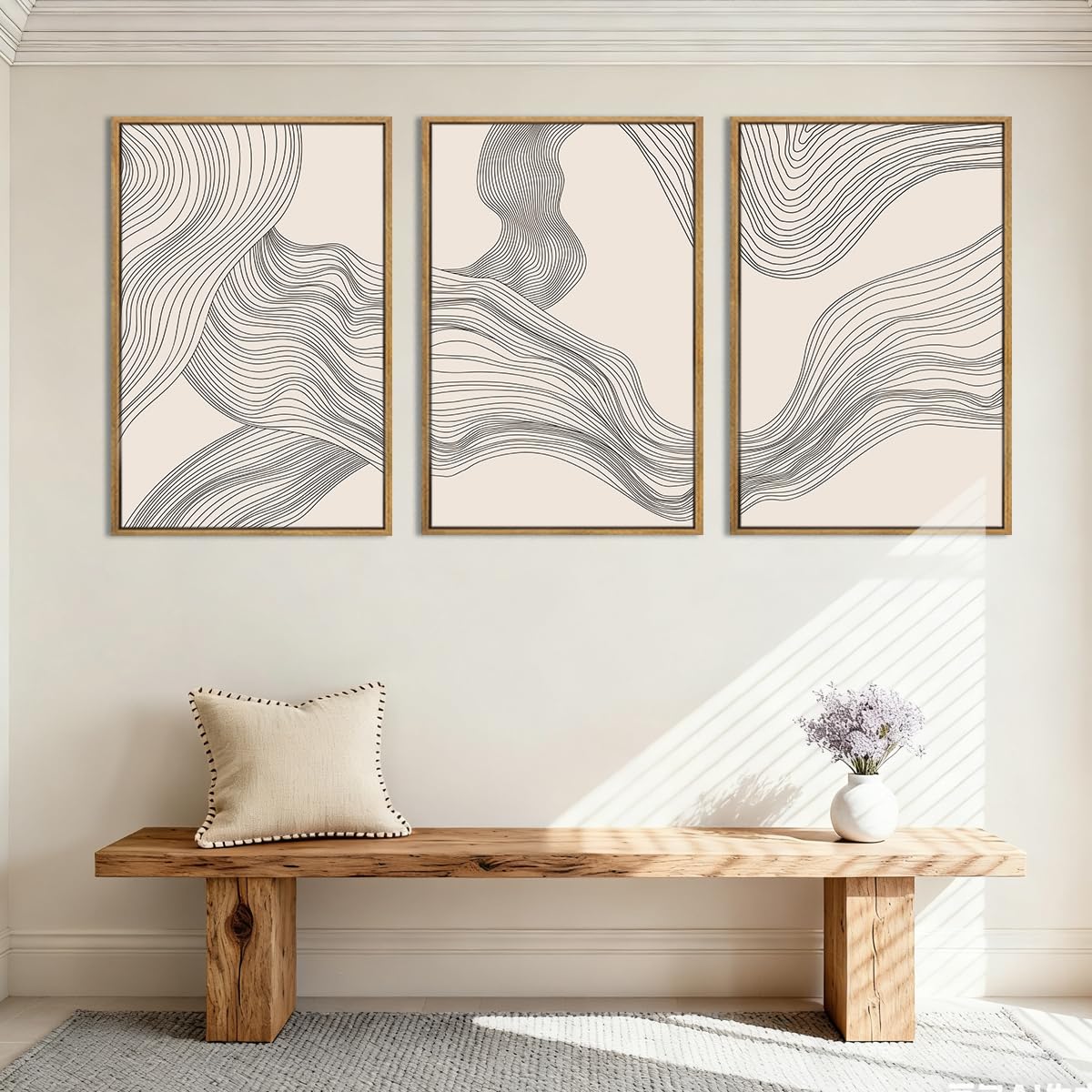 Large Beige Abstract Wall Art Framed Neutral Modern Canvas Wall Decor Minimalist Line Wave Painting 24x36 Inch