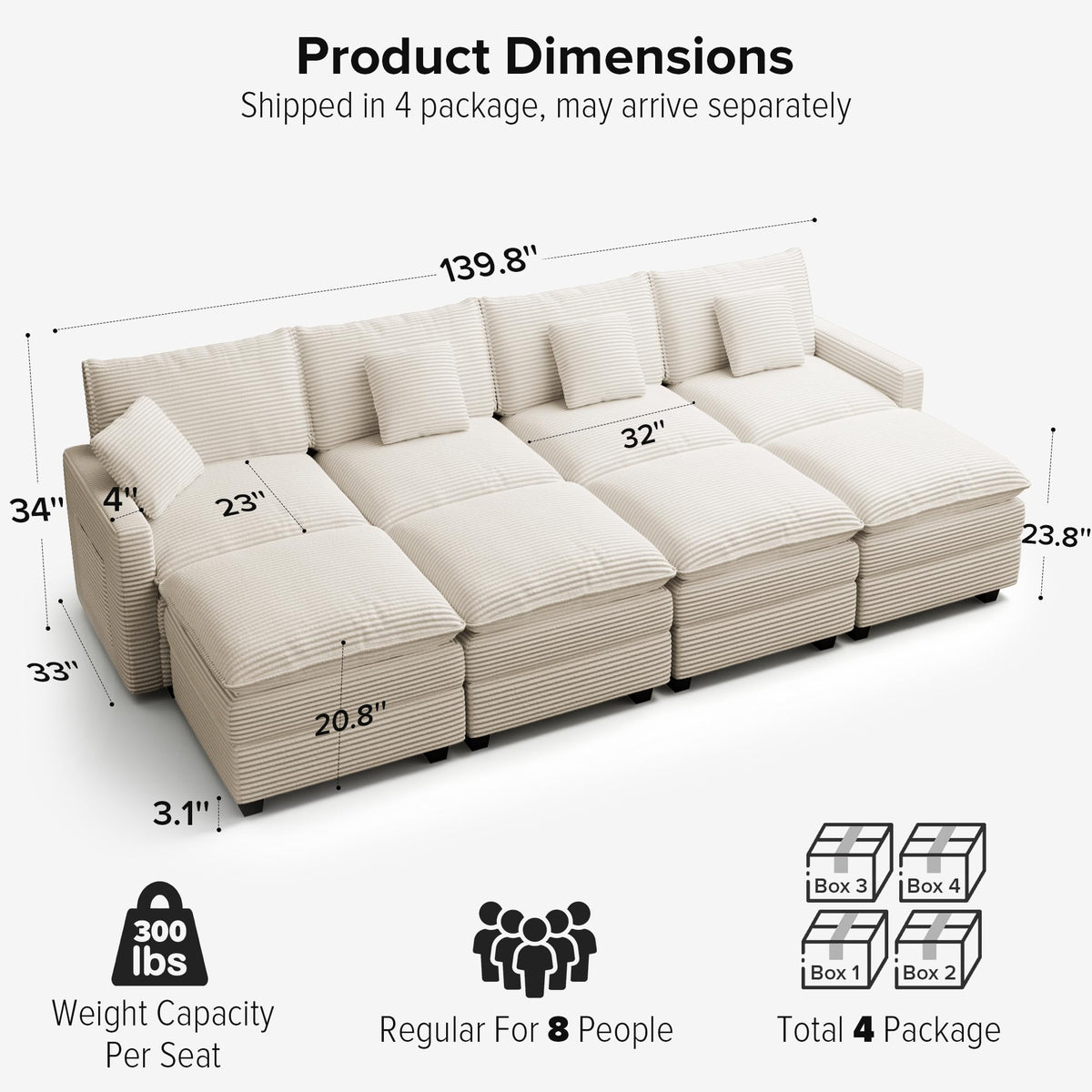 140" Modular Sectional Sofa, Deep Seat Cloud Couch Sectional
