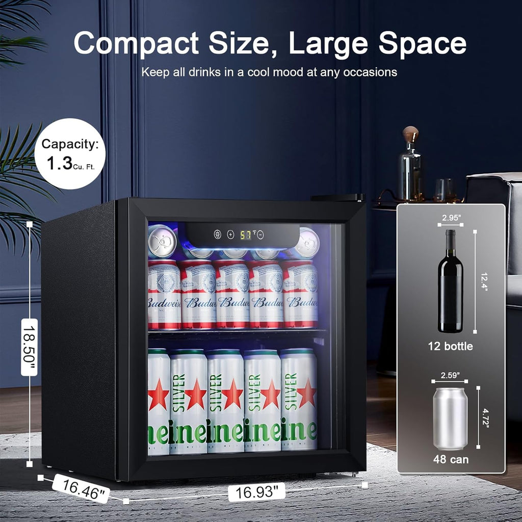 Mini Fridge Cooler - 12 Bottle 48 Can Beverage Refrigerator Glass Door for Drinks or Beer Wine