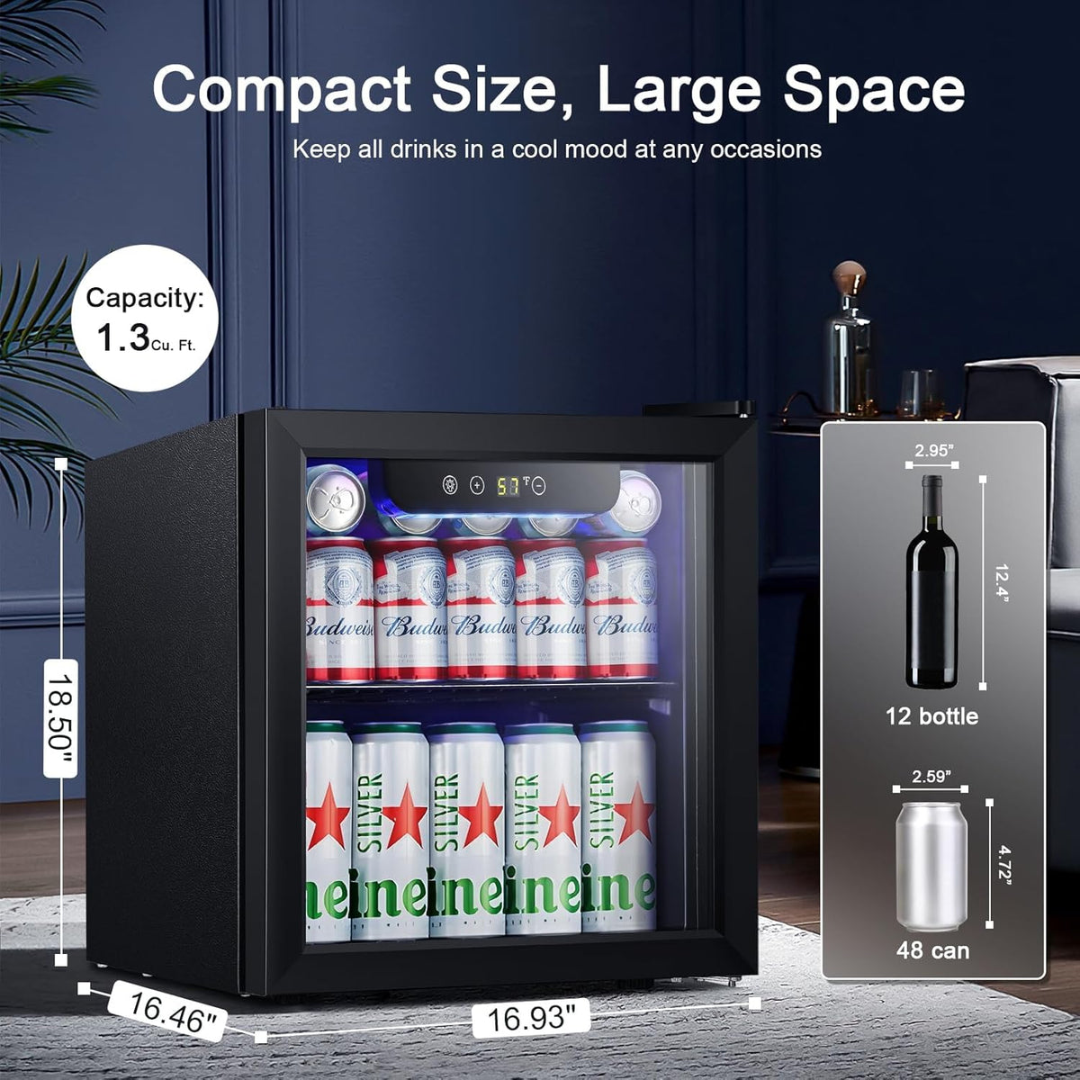 Mini Fridge Cooler - 12 Bottle 48 Can Beverage Refrigerator Glass Door for Drinks or Beer Wine