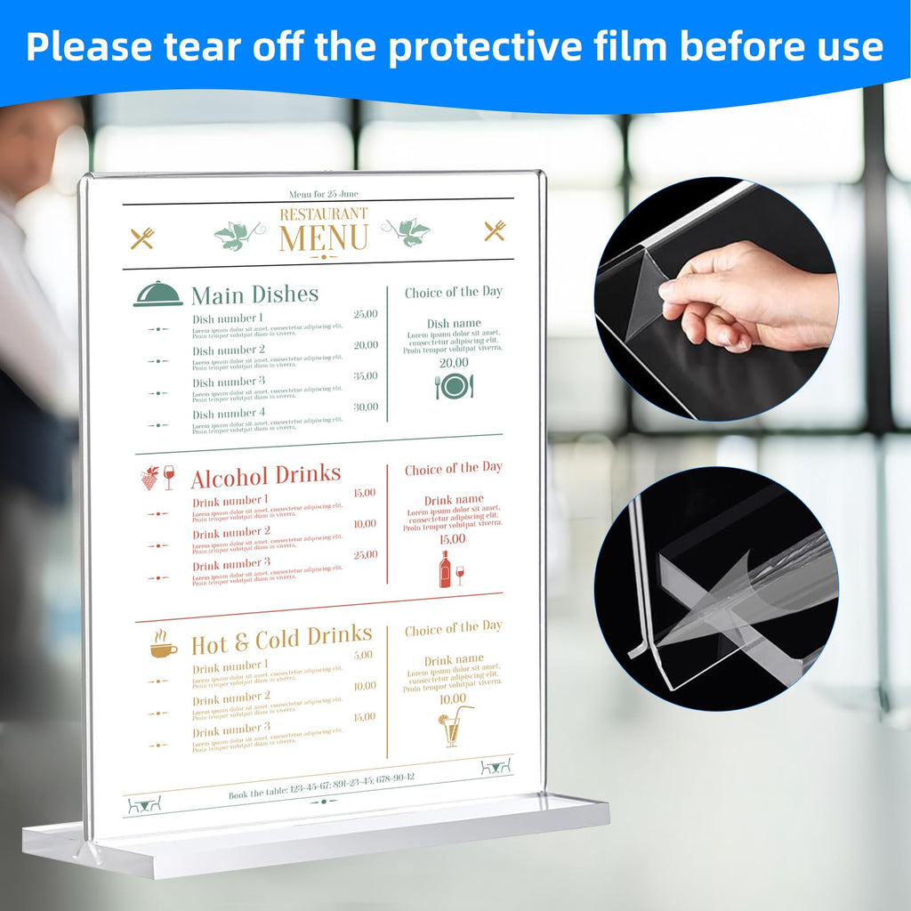 6 Pack Acrylic Sign Holder 8.5 x 11, Double-Sided Clear Sign Holder Plastic Stands for Display, T Shape Acrylic Table