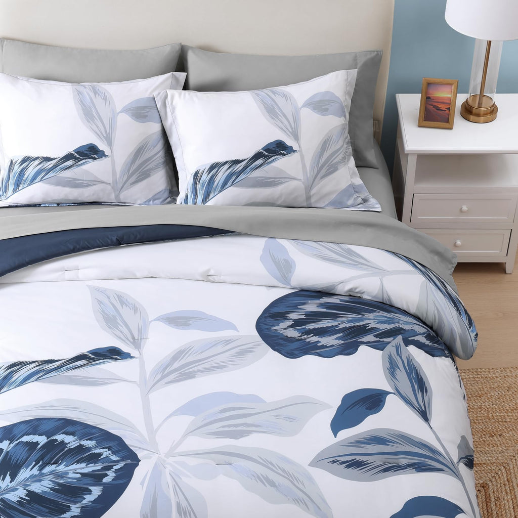 Comforter Set- 7 Pieces Blue Tropical Leaves Soft Bedding Sets, Coastal Bed in a Bag, Botanical Printed