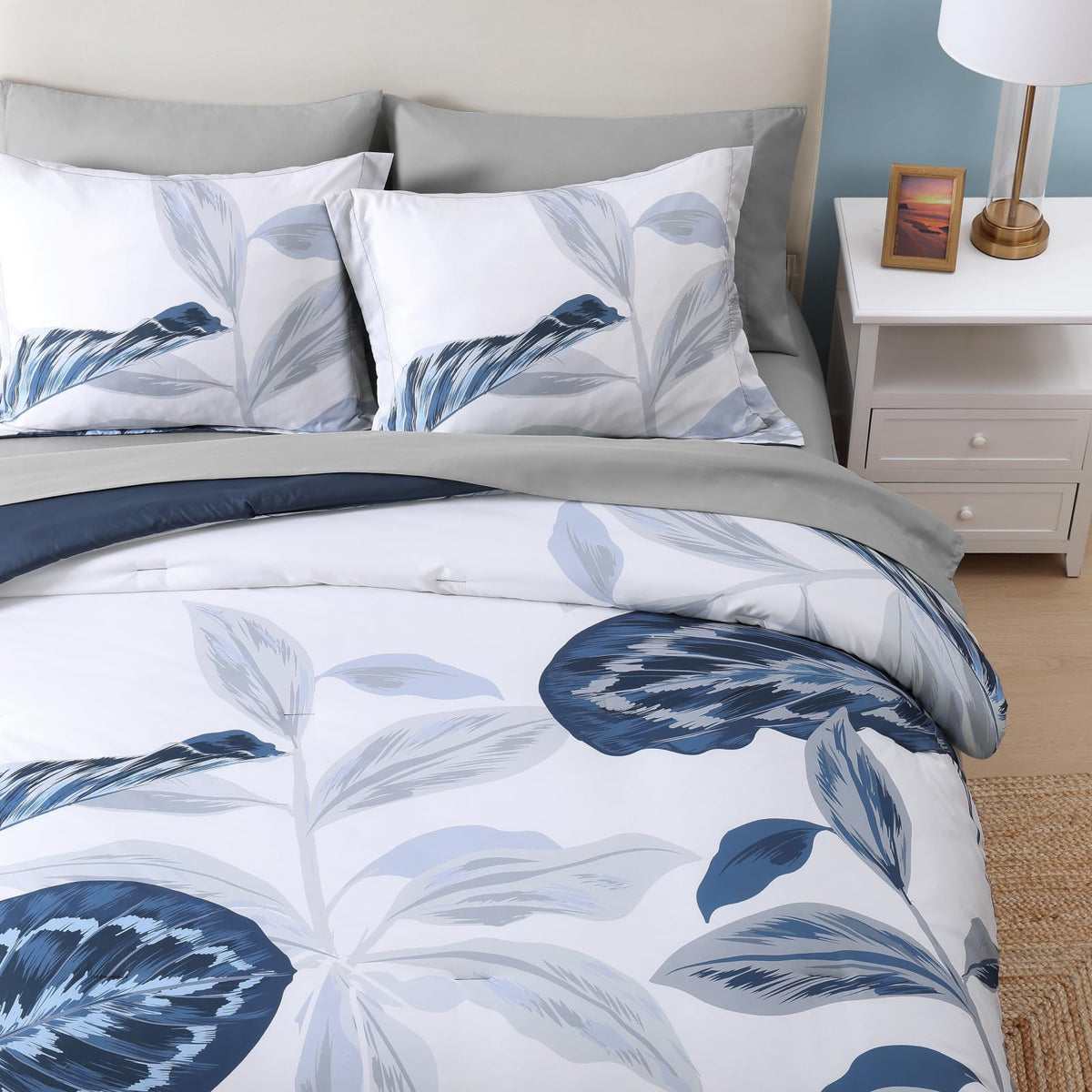 Comforter Set- 7 Pieces Blue Tropical Leaves Soft Bedding Sets, Coastal Bed in a Bag, Botanical Printed
