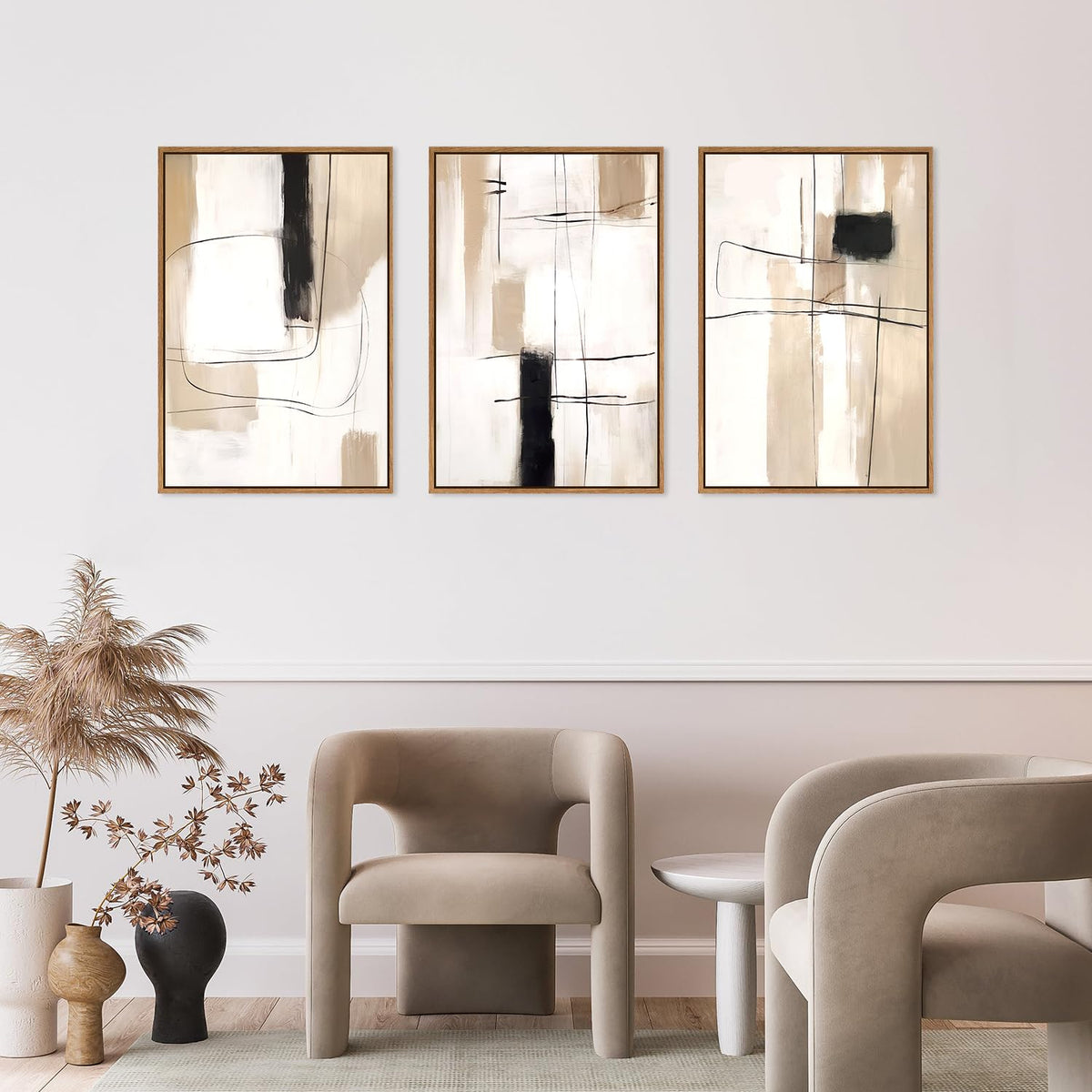 Modern Abstract Canvas Wall Art Set of 3, Framed Neutral Wall Decor, Large Black White Wall Painting, Beige Cream