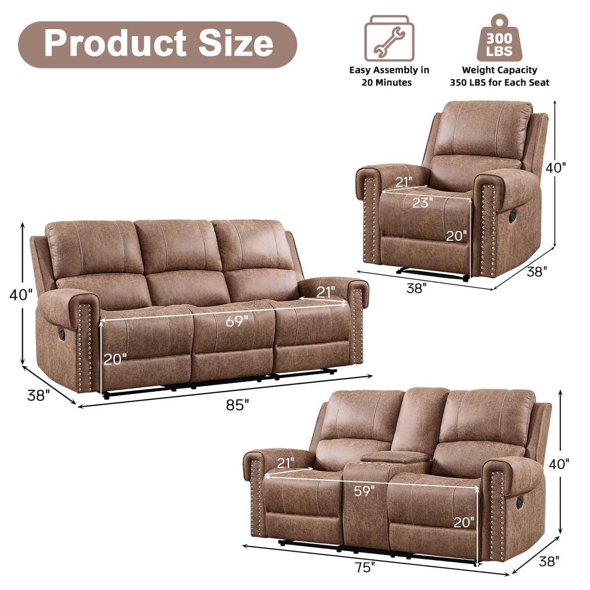 Faux Leather Manual Recliner Sofa Furniture Set, Included Overstuffed Recliner Chair, Reclining Loveseat and 3-Seat