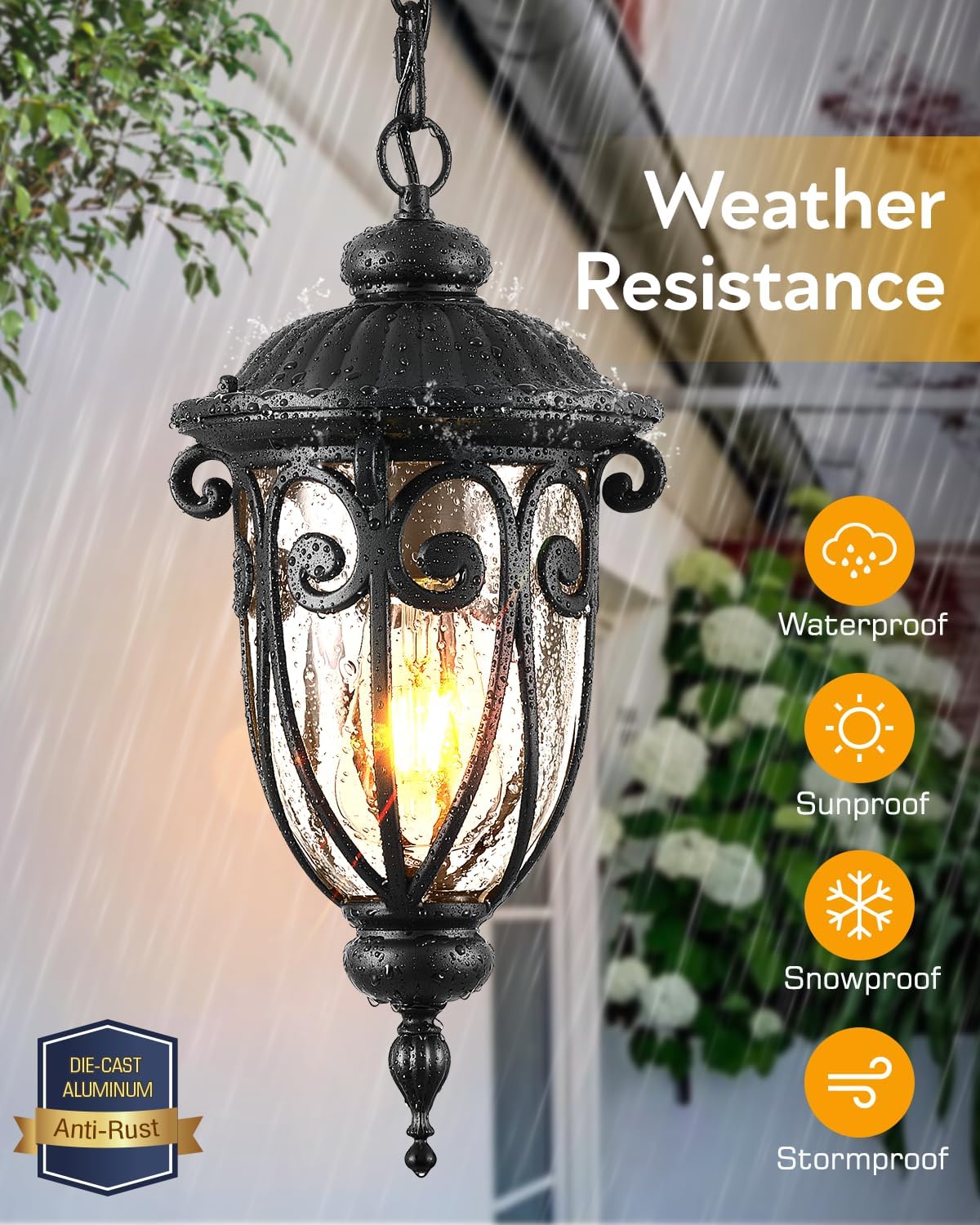 Black Outdoor Pendant Light Lantern, Modern Outdoor Chandelier, Outdoor Lamp Post Light with Outlet