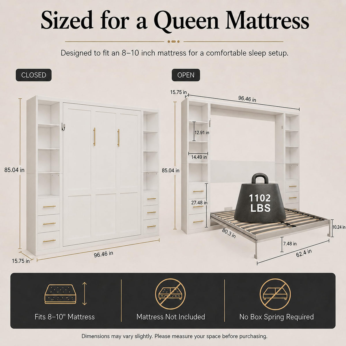 Queen Murphy Bed with Side Storage Cabinets, White Space-Saving Wall Bed