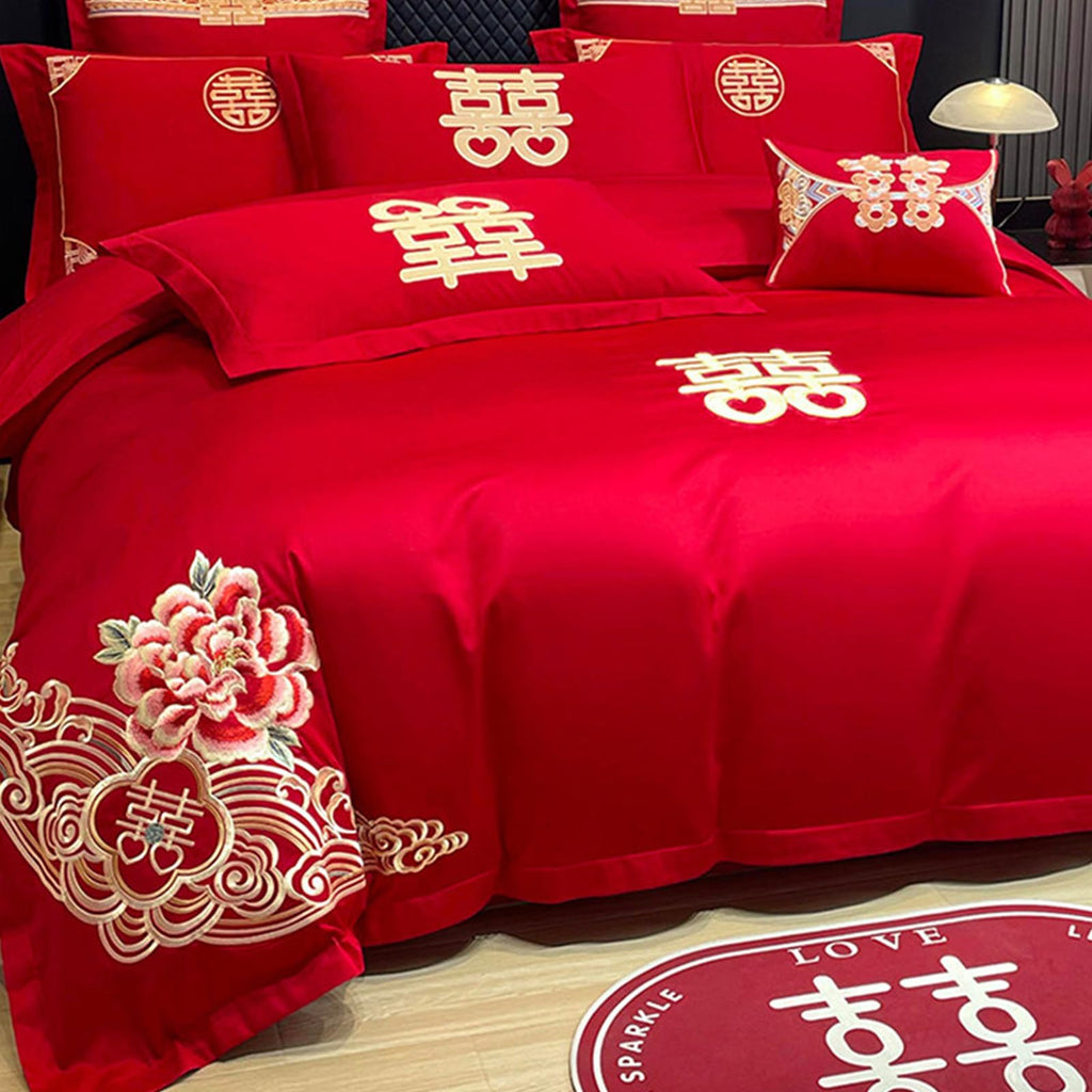 Chinese Red Wedding Bedding 4Pcs Set, Double Happiness Embroidered Duvet Cover Set No Comforter, Soft Cotton Flat